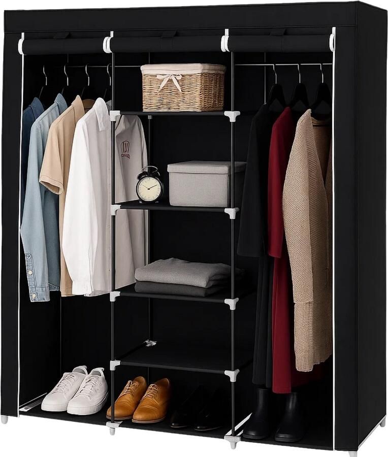 Lomera Stoffen Kledingkast Opvouwbare Garderobekast Zwart Stoffen Vouwkast Metalen Frame Kliksysteem Textiel En Metaal Kledingkast Opbergkast Zwart Kleerkast Opvouwbaar