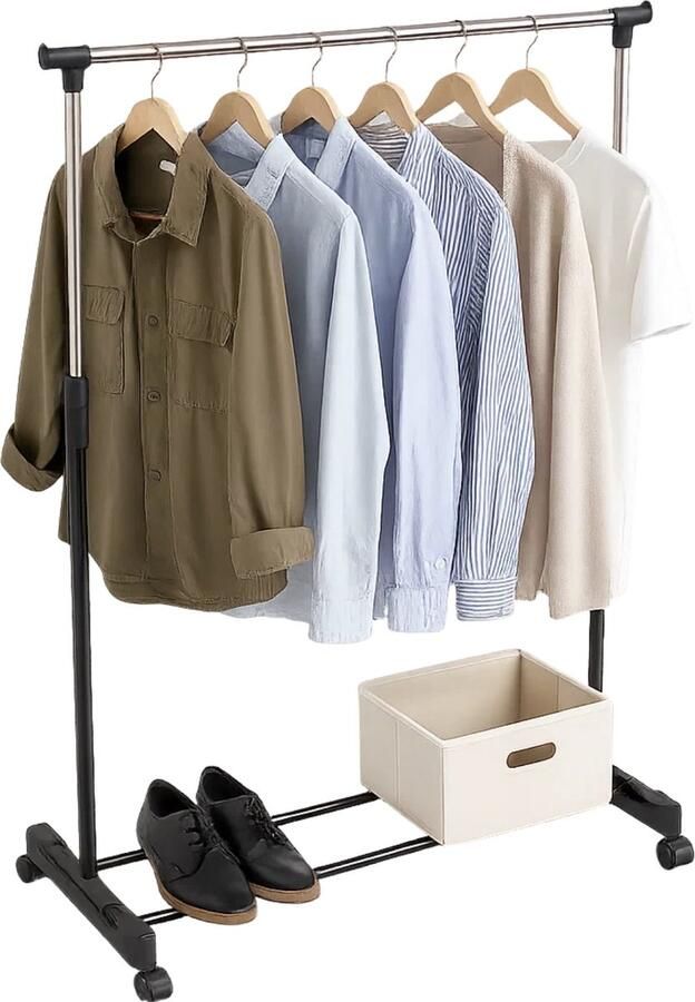 Lomera Verrijdbaar Kledingrek in Hoogte Verstelbaar RVS Kunststof Zwenkwielen Budgetmodel Kledingrek Max. Draagkracht 10 Kg Verstelbaar van 90cm tot 160cm Lichtgewicht Kledingrek