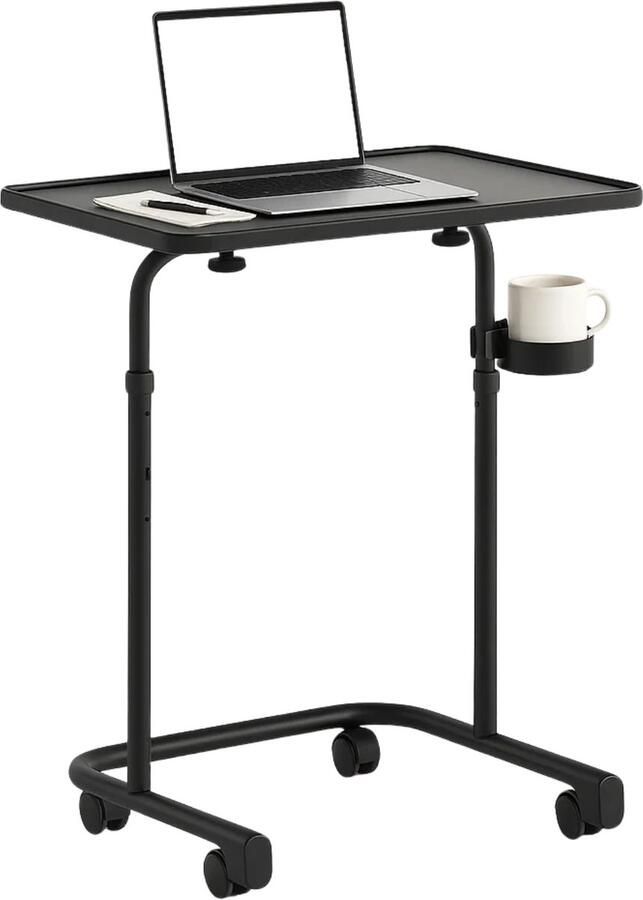 Lomera Verrijdbare Bijzettafel Verstelbare Bijzettafel Zwart Metalen Frame Mdf Tafelblad Kantelbaar Tafelblad Zwenkwielen Met Rem Met Bekerhouder Compacte Bijzettafel Moderne Bijzettafel Multifunctionele Tafel