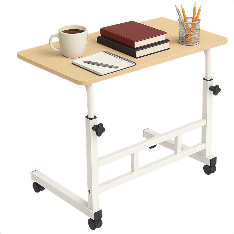 Lomera Verrijdbare Laptoptafel Verstelbare Bedtafel In Hoogte Verstelbaar Tafelblad Walnoot Tafelblad Metalen Frame Zwenkwieltjes Met Rem Mobiele Bijzettafel Computertafel Bureau Op Wielen Houtlook Mdf Materiaal