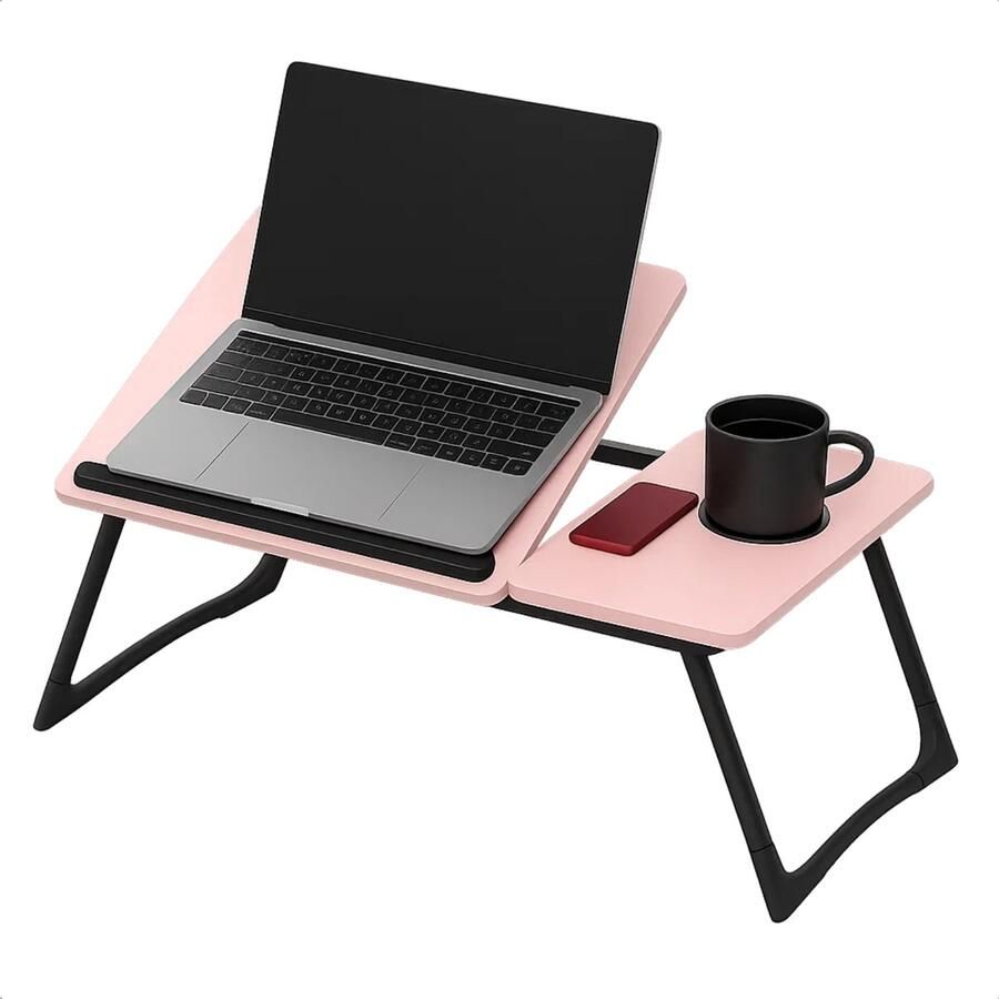Lomera Verstelbare Bedtafel Laptoptafel Roze Inklapbare Ontbijttafel Opklapbare Laptoptafel Bekerhouder Anti-Slip Rubber Mdf Tafelblad Metalen Frame Roze Tafelblad Verstelbaar In Hoogte Multifunctionele Bedtafel