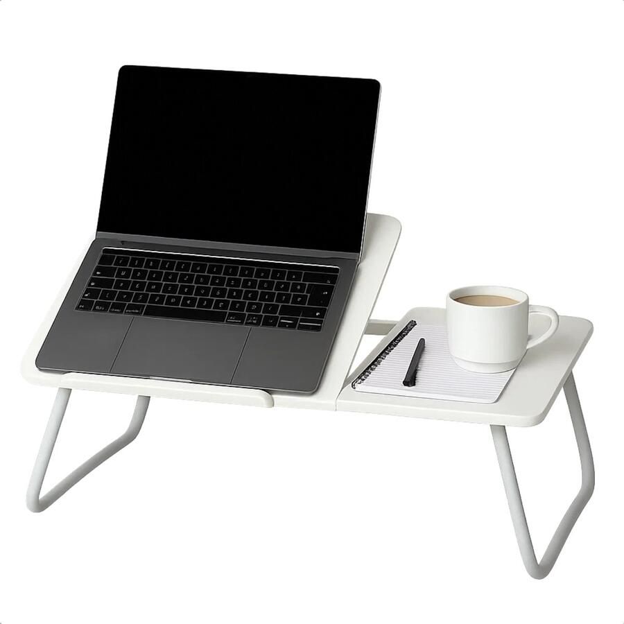 Lomera Verstelbare Bedtafel Laptoptafel Verstelbaar Inklapbare Laptoptafel Ontbijt Op Bed Anti-Slip Onderstel Bekerhouder Mdf Tafelblad Wit Tafelblad Metalen Frame Deelbaar Blad Hoogte Verstelbaar Compacte Afmetingen