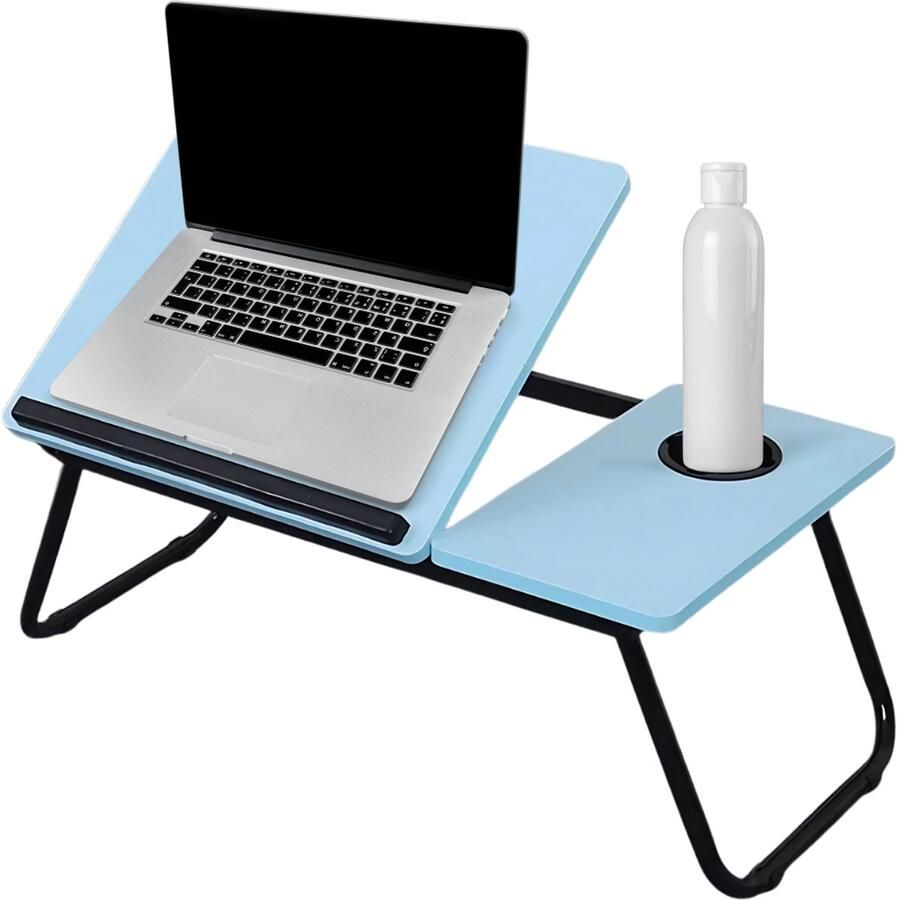 Lomera Verstelbare Bedtafel Laptoptafel Verstelbaar Ontbijt Op Bed Opklapbaar Onderstel Anti-Slip Rubber Bekerhouder Lichtblauw Tafelblad MDF Tafelblad Metalen Frame Verstelbaar In Hoogte Opvouwbaar Ergonomische Laptoptafel