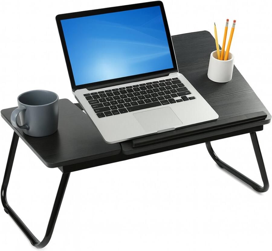 Lomera Verstelbare Bedtafel – Laptoptafel Zwart – Ontbijt Op Bed – Opklapbaar Onderstel – Anti-Slip Rubber – Verstelbaar In Hoogte – Laptop Standaard – Inklapbare Tafel – Bedtafel Met Bekerhouder – MDF Tafelblad – Metalen Frame – Zwart Tafelblad