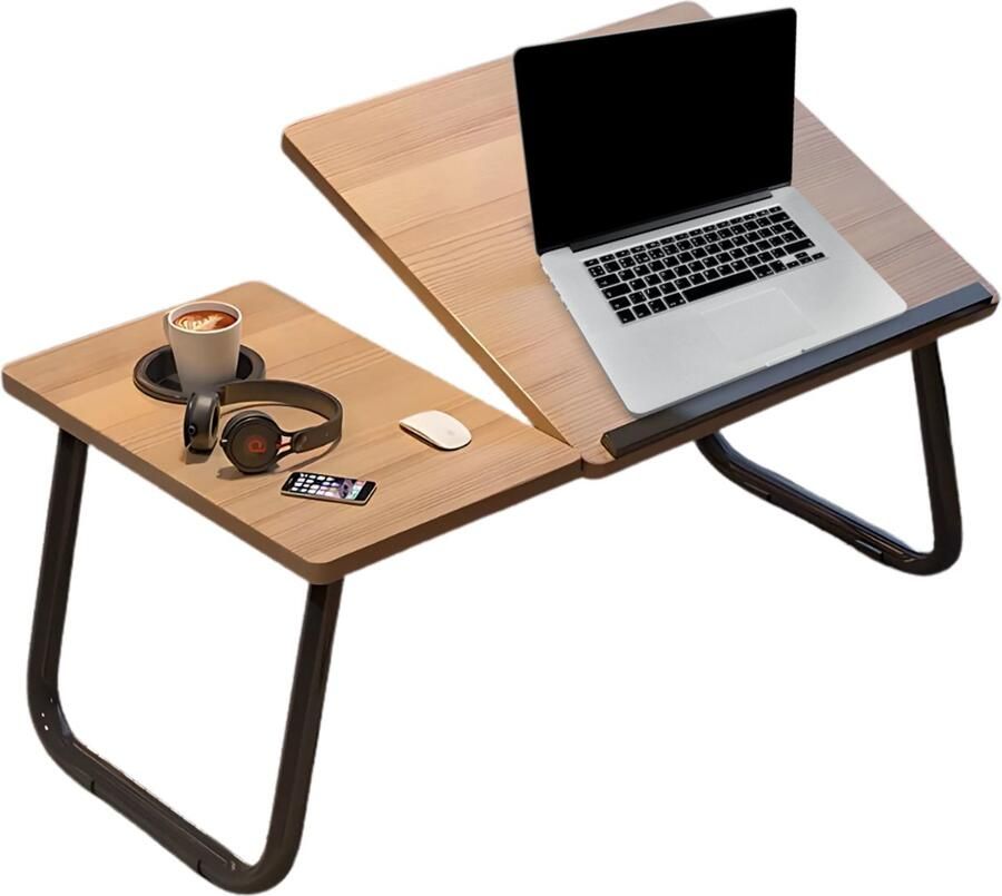 Lomera Verstelbare Laptoptafel Bedtafel Verstelbaar Laptoptafel Met Bekerhouder Opklapbaar Onderstel Anti-Slip Rubber MDF Tafelblad Metalen Frame Walnoot Kleur Laptoptafel Voor Op Bed Ontbijttafel Opvouwbare Laptoptafel