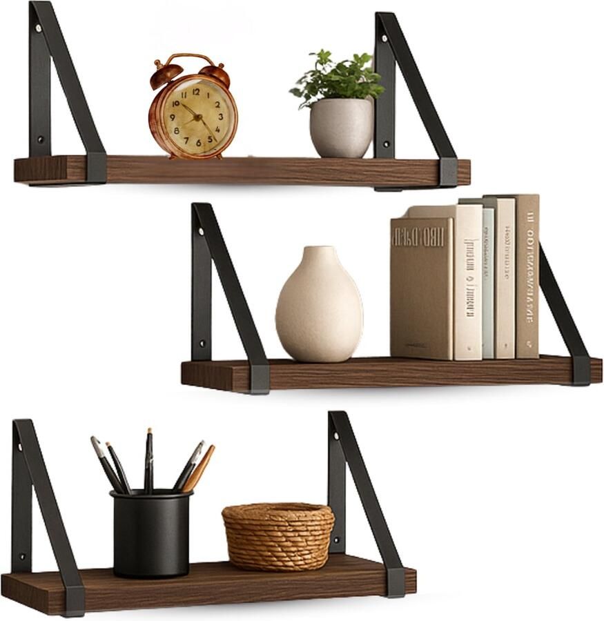 Lomera Zwevende Wandplank Set van 3 Vintage Design Metalen Beugels Houten Planken Muurplank Industrieel Ontwerp Boekenplank Montagetijd 5 Minuten Incl. Bevestigingsmateriaal Fortune Paulownia Hout 40 35 30 cm