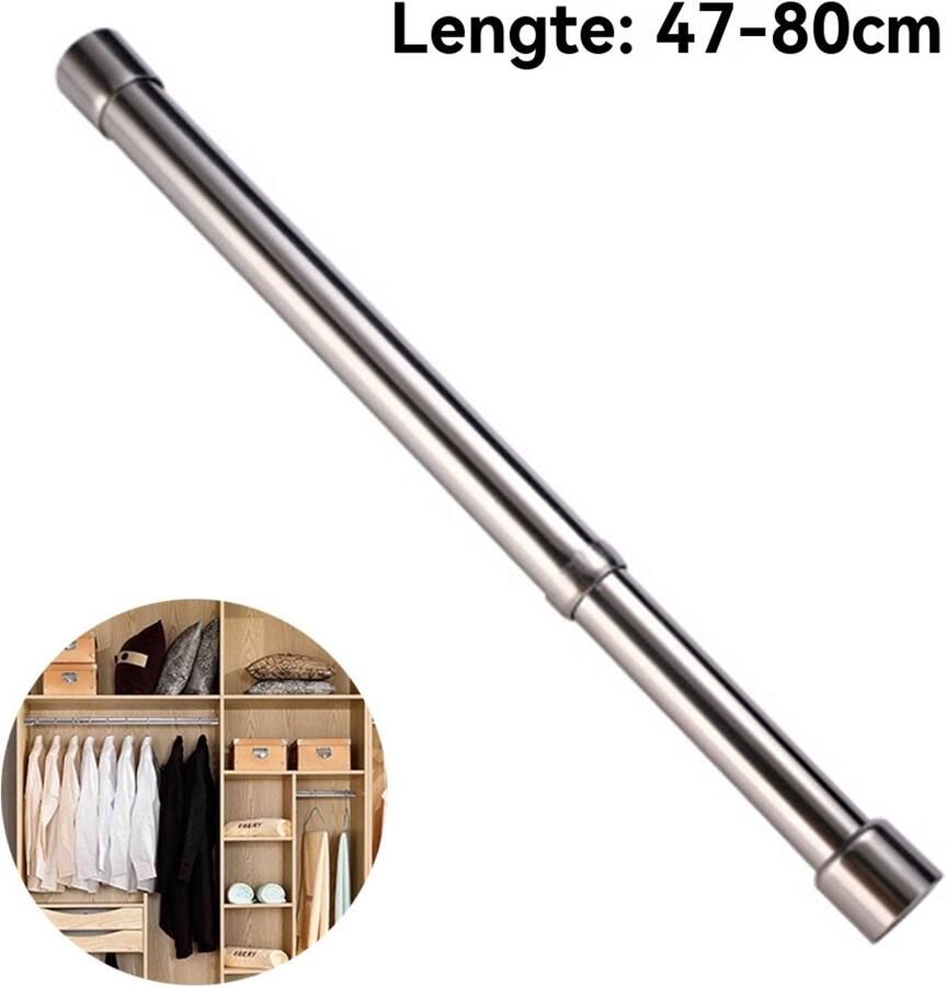 Longziming Kledingroede Verstelbaar 47-80cm – RVS Garderoberek Kledingstang – Zilver