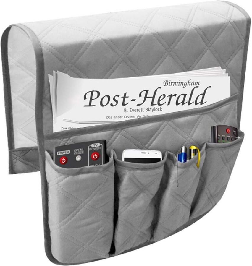 Longziming -Sofa Armleuning Organizer – Bank Opbergvak met 5 Vakken & Antislip Bevestiging – Duurzaam Polyester 90×43 cm- Grijs