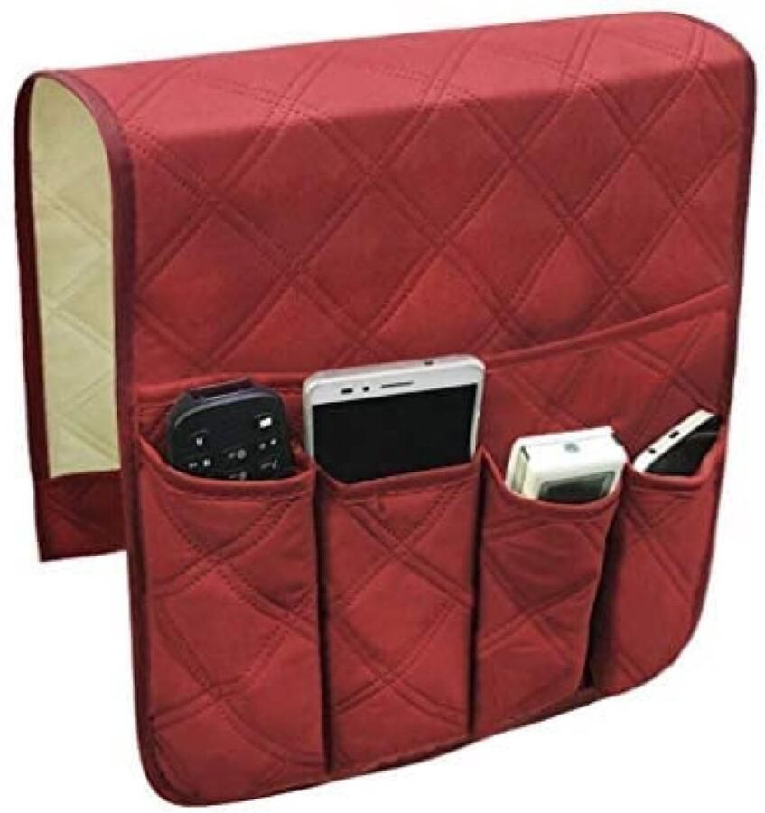 Longziming -Sofa Armleuning Organizer – Bank Opbergvak met 5 Vakken & Antislip Bevestiging – Duurzaam Polyester 90×43 cm- Wijnrood