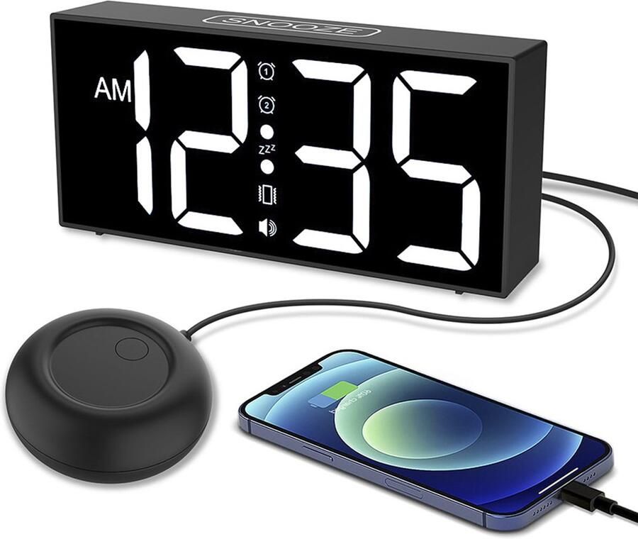 Longziming Vibratie Wekker – Extra Luid Alarm met Bed Shaker – LED Display 7.5 inch – 3 Alarm Modi– 4 Helderheden – 4 Volumes – Dubbel Alarm – Snooze – Voor Diepe Slapers & Slechthorenden– Zwart