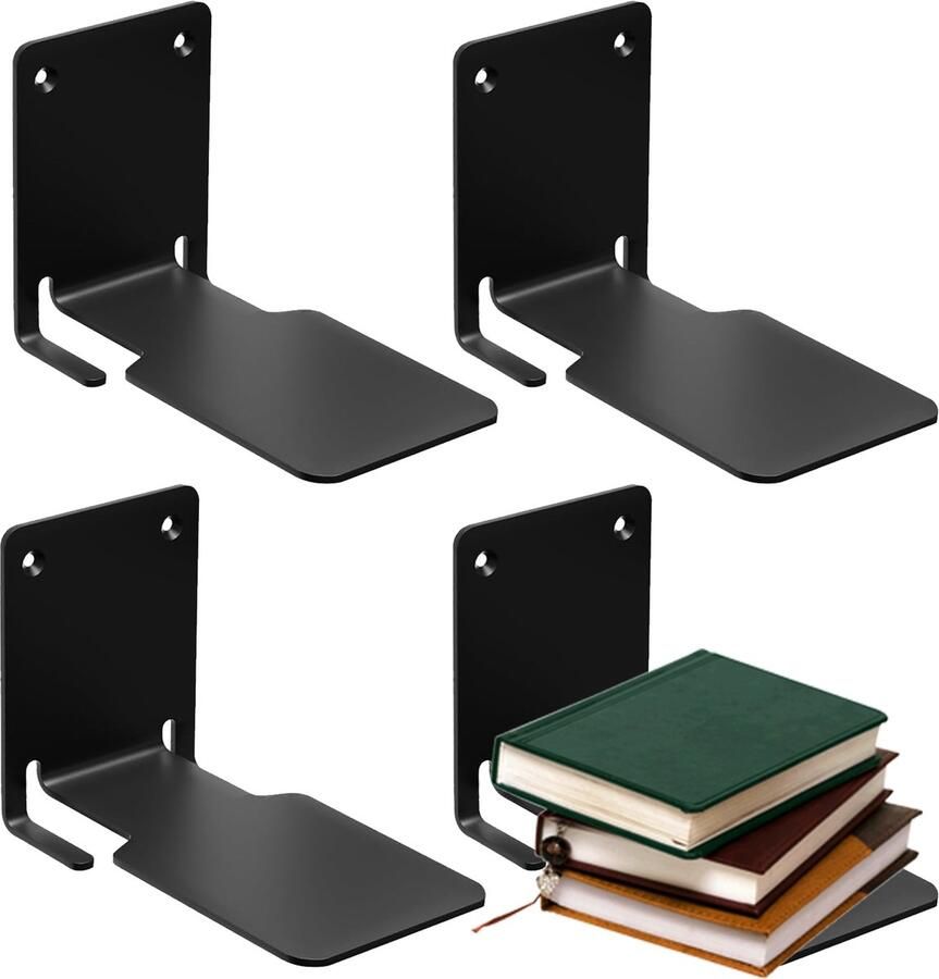 Longziming -Zwevende Boekenplanken van Metaal – Onzichtbare Wandplanken voor Boeken en Decoratie – Stevig Duurzaam & Eenvoudig te Installeren – Set van 4 Stuks Draagvermogen tot 13 5 kg