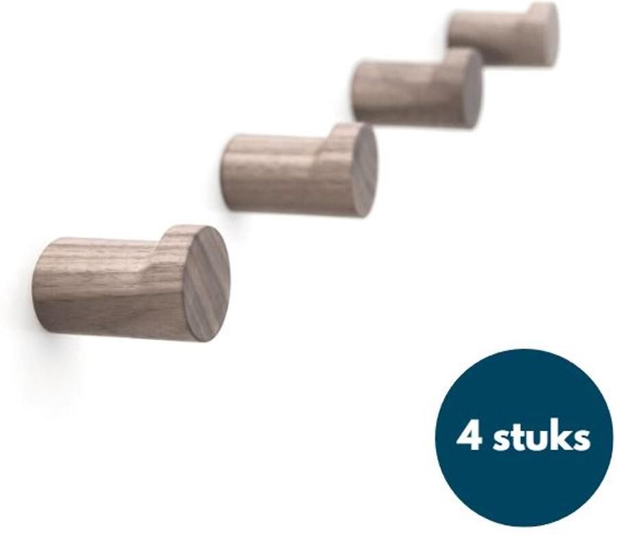 Loods84 Houten Kapstokhaken Walnoot licht 4 Stuks Ophanghaken Handdoekhaken Jashaken
