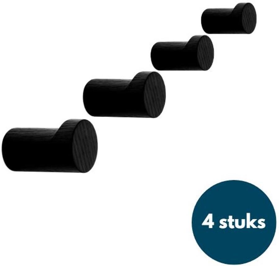 Loods84 Houten Kapstokhaken Zwart 4 Stuks Ophanghaken Handdoekhaken Jashaken