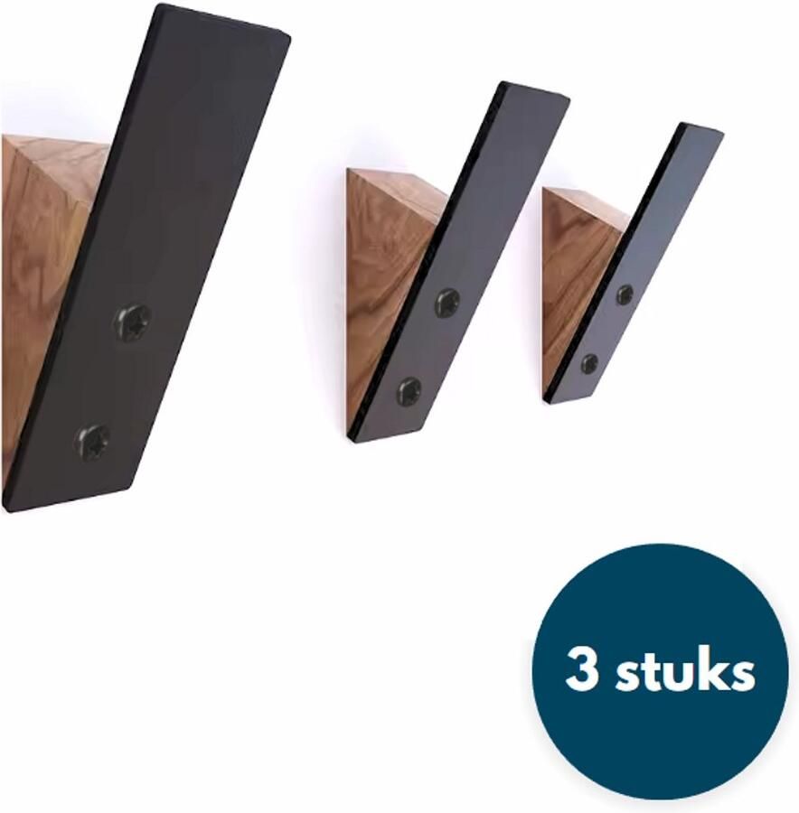 Loods84 Houten Wandhaken Zwart IJzer Kapstokhaken Ophanghaken Handdoekhaken Jashaken 3 Stuks