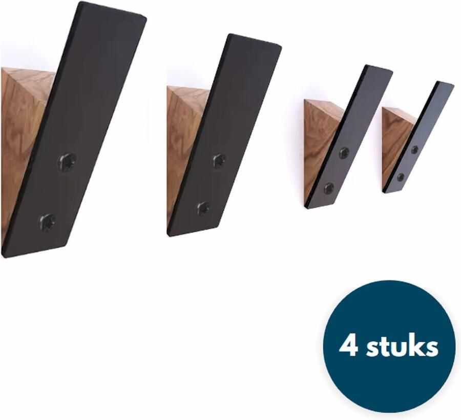 Loods84 Houten Wandhaken Zwart IJzer Kapstokhaken Ophanghaken Handdoekhaken Jashaken 4 Stuks