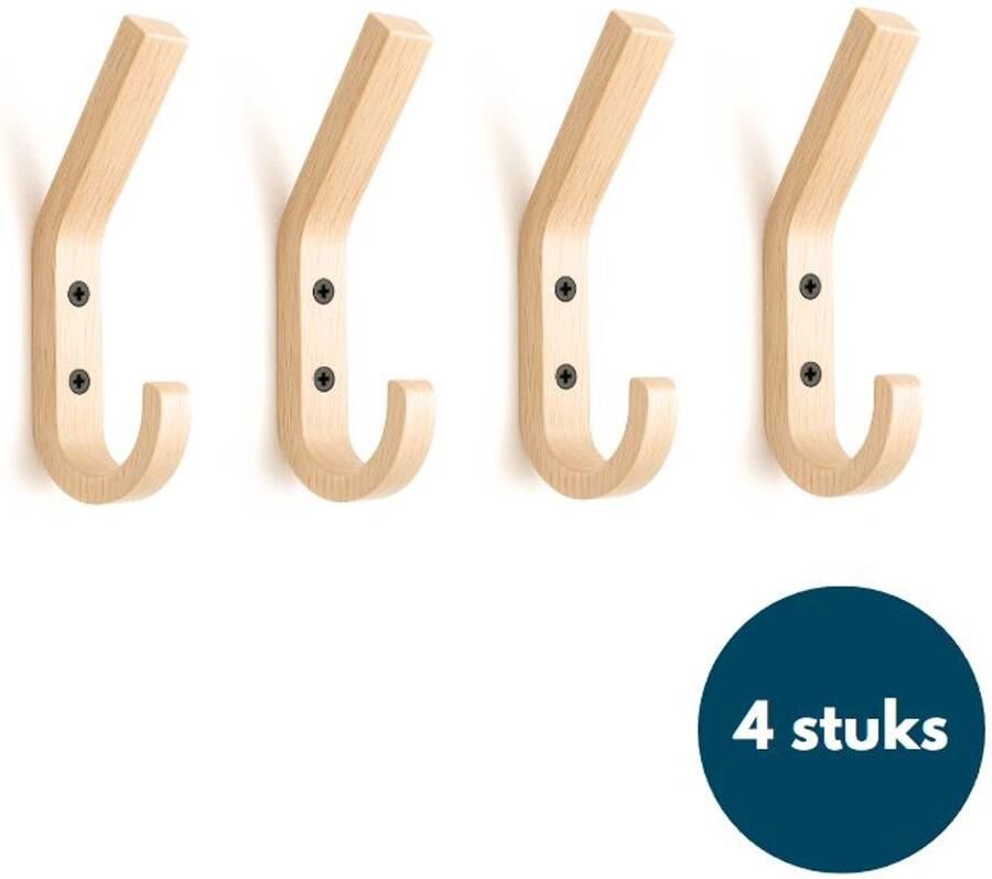 Loods84 Houten Wandhaken Teak 4 Stuks Kapstokhaken Ophanghaken Handdoekhaken Jashaken