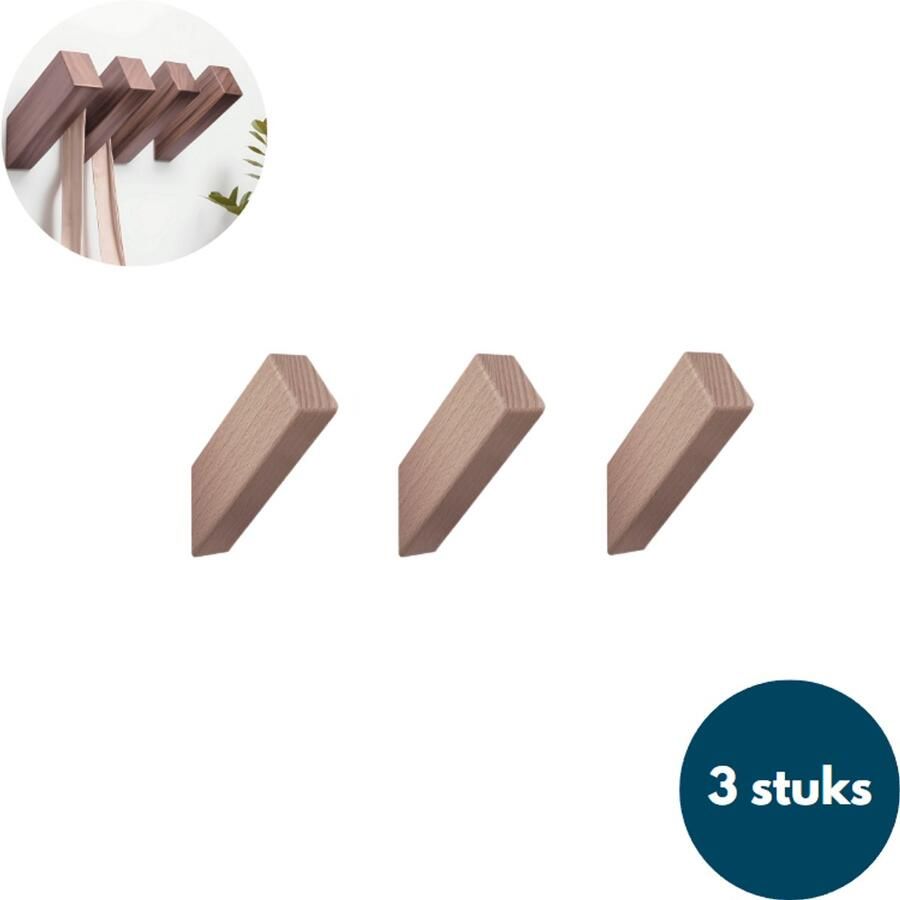 Loods84 Houten Wandhaken Vierkante kapstokhaken Ophanghaken Handdoekhaken Jashaken 3 stuks Walnoot licht