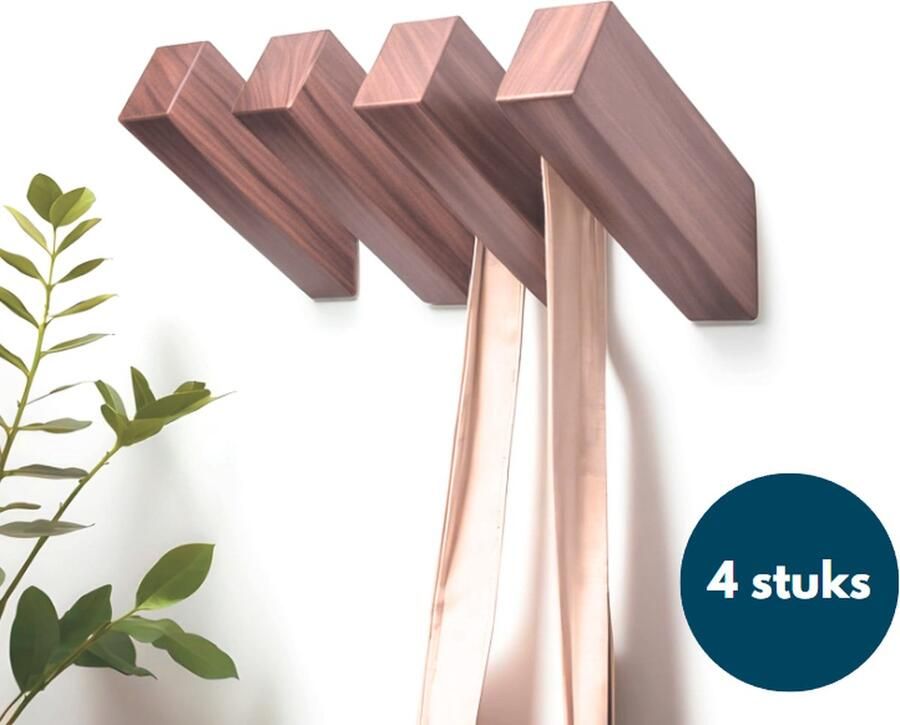 Loods84 Houten Wandhaken Vierkante kapstokhaken Ophanghaken Handdoekhaken Jashaken 4 stuks Walnoot licht - Foto 2