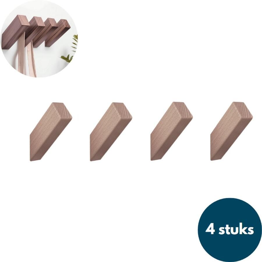 Loods84 Houten Wandhaken Vierkante kapstokhaken Ophanghaken Handdoekhaken Jashaken 4 stuks Walnoot licht