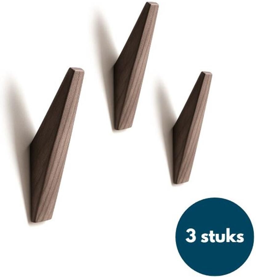 Loods84 Houten Wandhaken Vintage kapstokhaken Ophanghaken Handdoekhaken Jashaken 3 stuks Walnoot licht