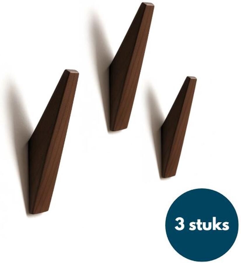 Loods84 Houten Wandhaken Vintage kapstokhaken Ophanghaken Handdoekhaken Jashaken 3 stuks Walnoot