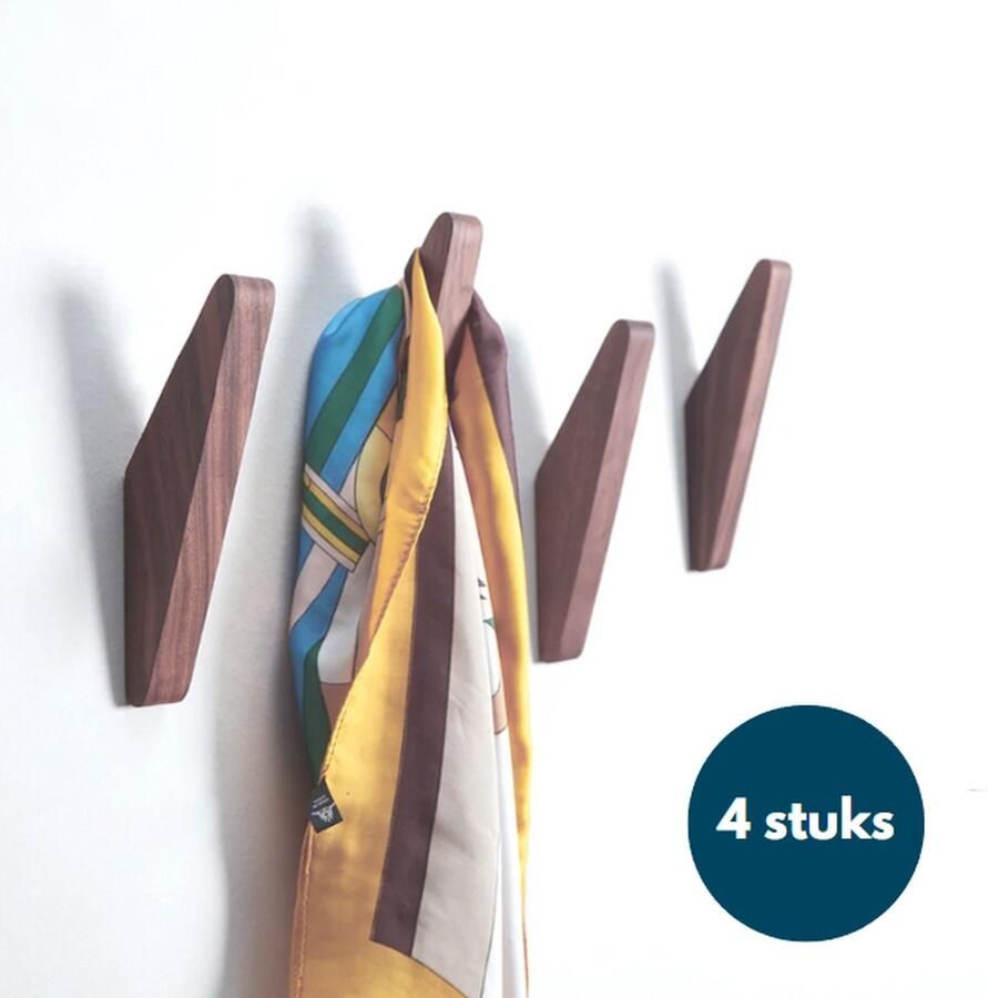 Loods84 Houten Wandhaken Vintage kapstokhaken Ophanghaken Handdoekhaken Jashaken 4 stuks Walnoot licht - Foto 2