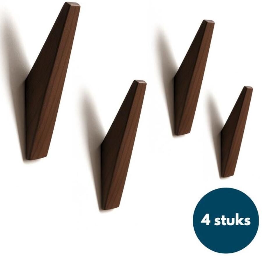Loods84 Houten Wandhaken Vintage kapstokhaken Ophanghaken Handdoekhaken Jashaken 4 stuks Walnoot