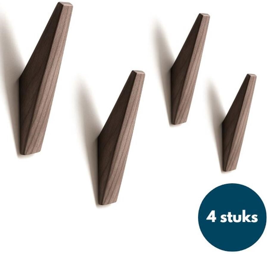 Loods84 Houten Wandhaken Vintage kapstokhaken Ophanghaken Handdoekhaken Jashaken 4 stuks Walnoot licht