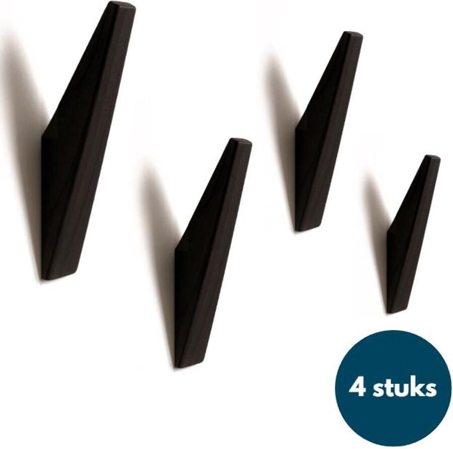 Loods84 Houten Wandhaken Vintage kapstokhaken Ophanghaken Handdoekhaken Jashaken 4 stuks Zwart