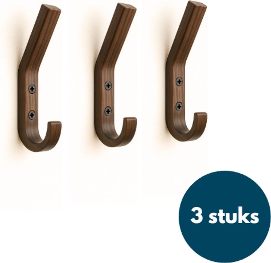 Loods84 Houten Wandhaken Walnoot 3 Stuks Kapstokhaken Ophanghaken Handdoekhaken Jashaken Smal