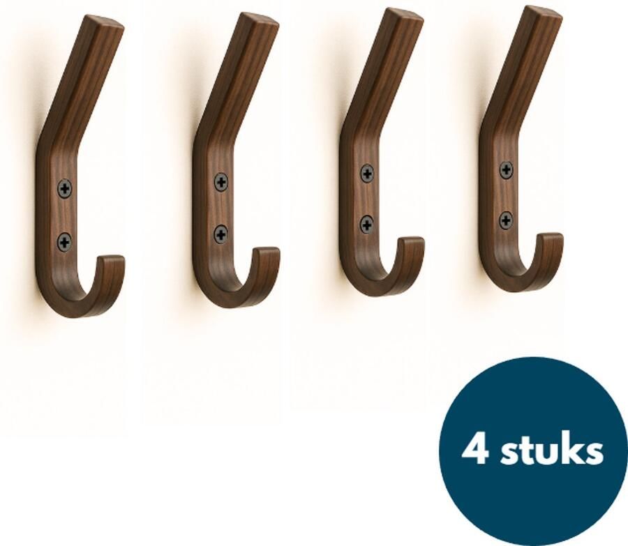 Loods84 Houten Wandhaken Walnoot 4 Stuks Kapstokhaken Ophanghaken Handdoekhaken Jashaken Smal