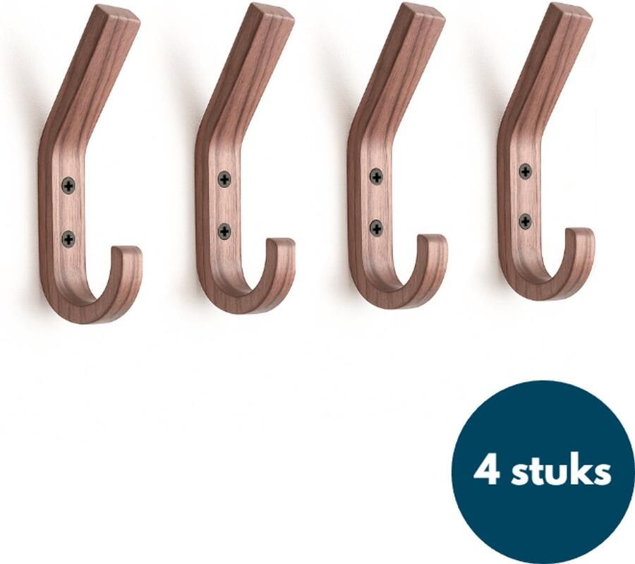 Loods84 Houten Wandhaken Walnoot licht 4 Stuks Kapstokhaken Ophanghaken Handdoekhaken Jashaken