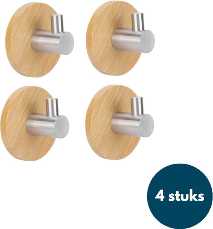 Loods84 Kapstok haken hout Bamboe hout chroom Wandhaken Wandkapstok Zelfklevende haakjes Plakhaakjes Rond 4 stuks