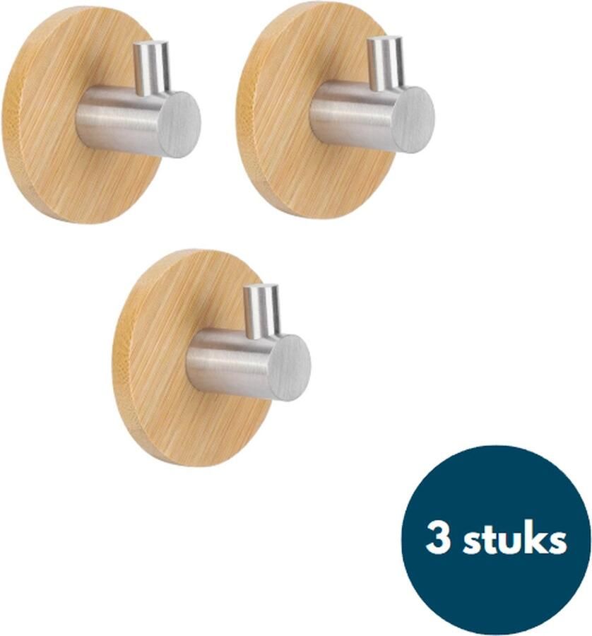 Loods84 Kapstok haken hout Bamboe hout chroom Wandhaken Wandkapstok Zelfklevende haakjes Plakhaakjes Rond 3 stuks