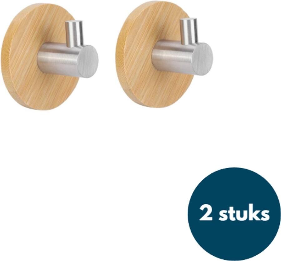 Loods84 Kapstok haken hout Bamboe hout chroom Wandhaken Wandkapstok Zelfklevende haakjes Plakhaakjes Rond 2 stuks