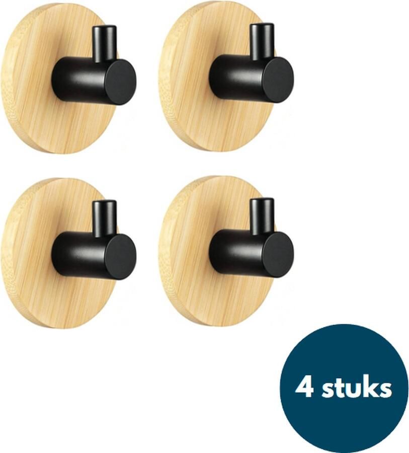 Loods84 Kapstok haken hout Bamboe hout zwart Wandhaken Wandkapstok Zelfklevende haakjes Plakhaakjes Rond 4 stuks