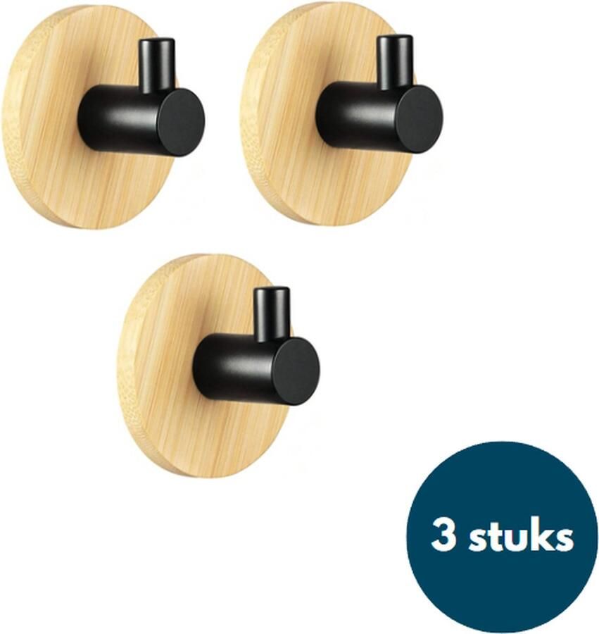 Loods84 Kapstok haken hout Bamboe hout zwart Wandhaken Wandkapstok Zelfklevende haakjes Plakhaakjes Rond 3 stuks