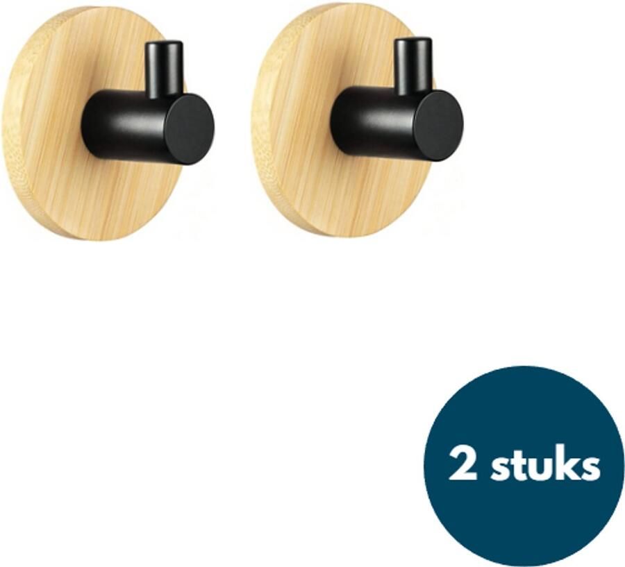 Loods84 Kapstok haken hout Bamboe hout zwart- Wandhaken Wandkapstok Zelfklevende haakjes Plakhaakjes Rond 2 stuks