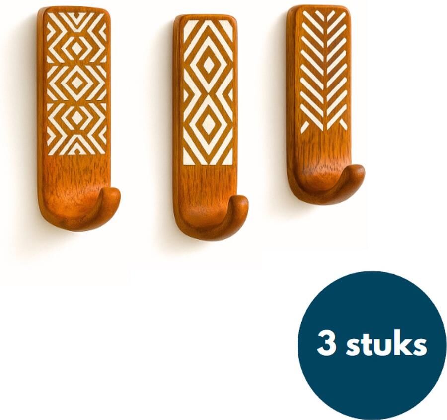Loods84 Kapstok haken hout Teak hout Wandhaken Wandkapstok Zelfklevende haakjes Plakhaakjes Bali Look 3 stuks