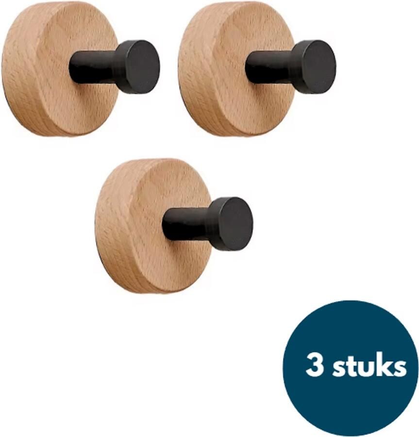 Loods84 Kapstok haken hout Teak met zwart Wandhaken Wandkapstok Zelfklevende haakjes Plakhaakjes Rond Zwart 3 stuks