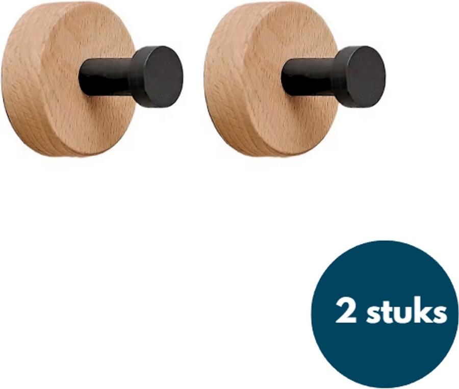 Loods84 Kapstok haken hout Teak met zwart Wandhaken Wandkapstok Zelfklevende haakjes Plakhaakjes Rond Zwart 2 stuks