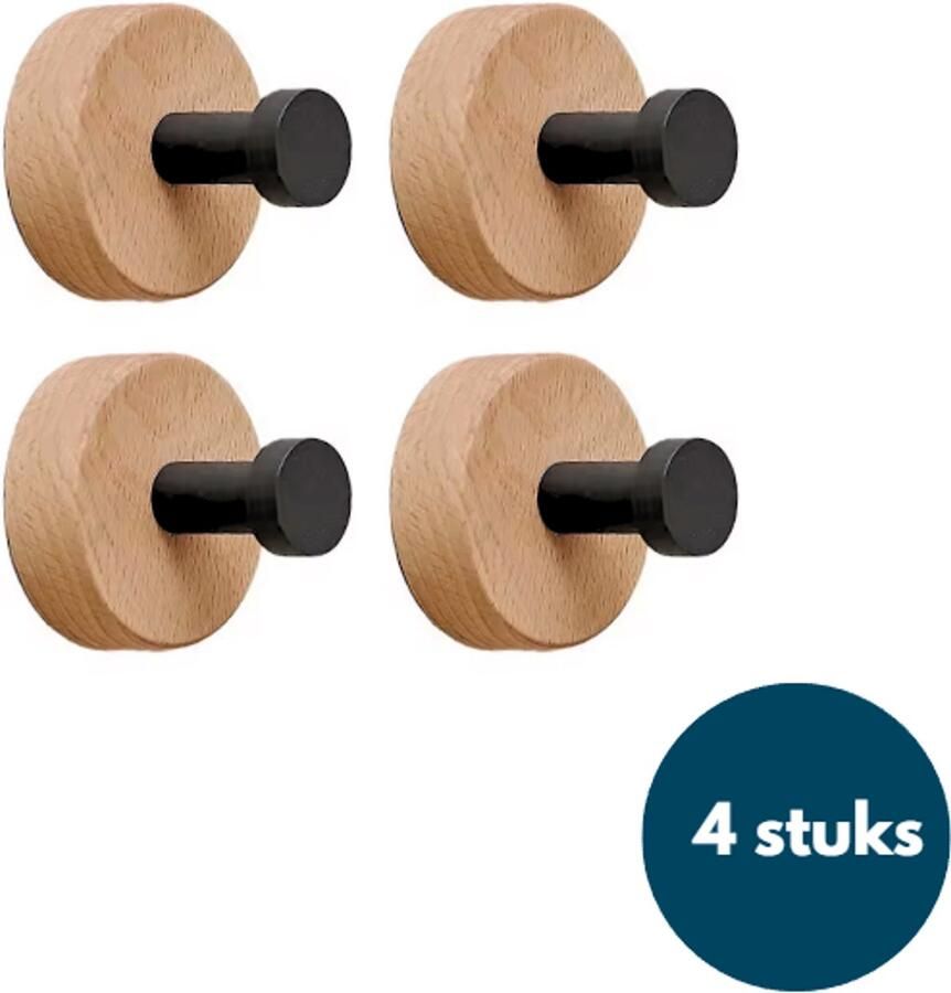 Loods84 Kapstok haken hout Teak met zwart Wandhaken Wandkapstok Zelfklevende haakjes Plakhaakjes Rond Zwart 4 stuks