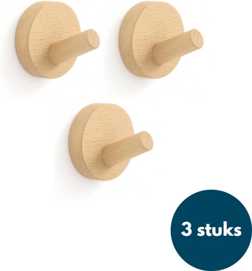 Loods84 Kapstok haken hout Teak Wandhaken Wandkapstok Zelfklevende haakjes Plakhaakjes Rond 3 stuks