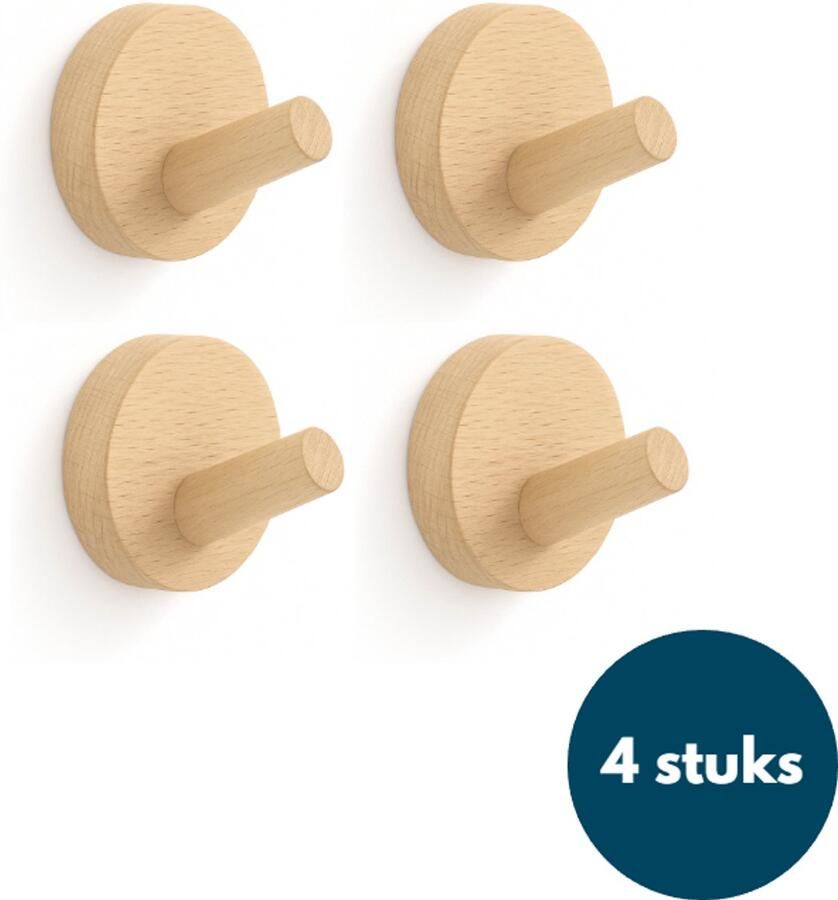 Loods84 Kapstok haken hout Teak Wandhaken Wandkapstok Zelfklevende haakjes Plakhaakjes Rond 4 stuks
