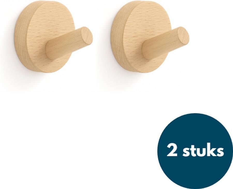 Loods84 Kapstok haken hout Teak Wandhaken Wandkapstok Zelfklevende haakjes Plakhaakjes Rond 2 stuks