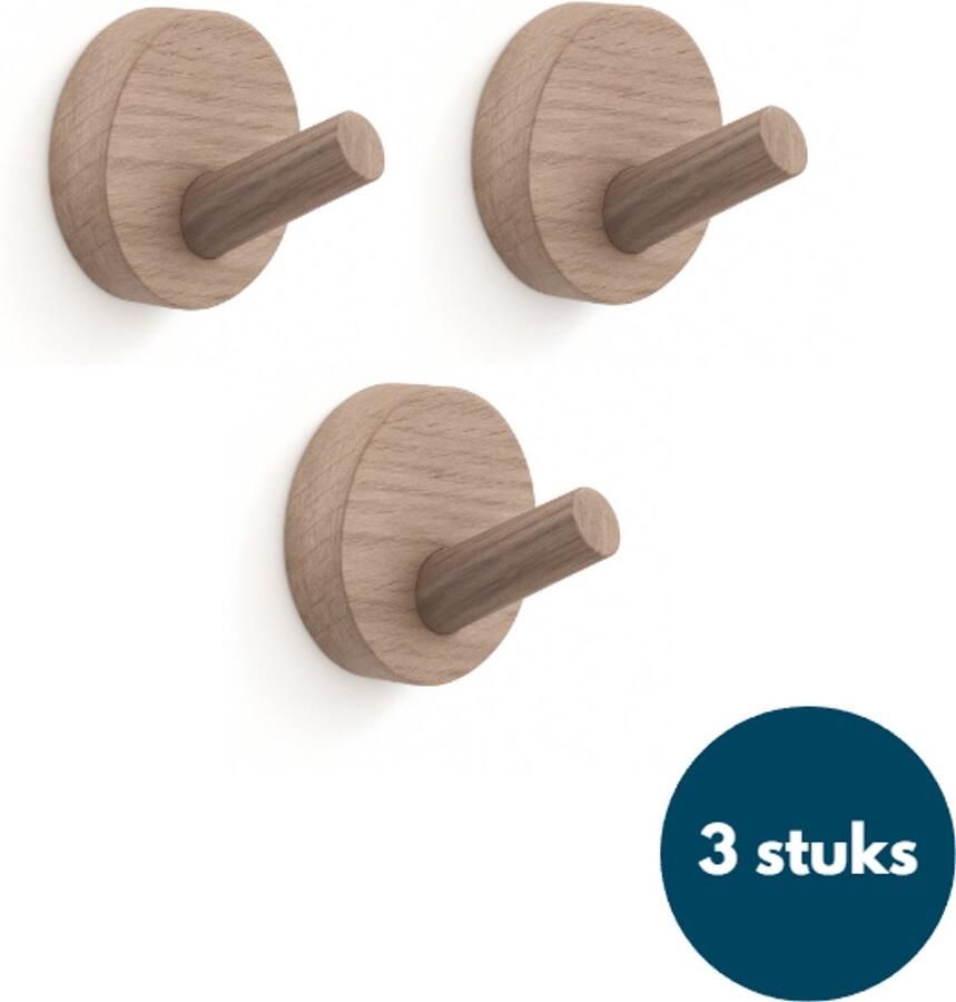 Loods84 Kapstok haken hout Walnoot licht Wandhaken Wandkapstok Zelfklevende haakjes Plakhaakjes Rond 3 stuks