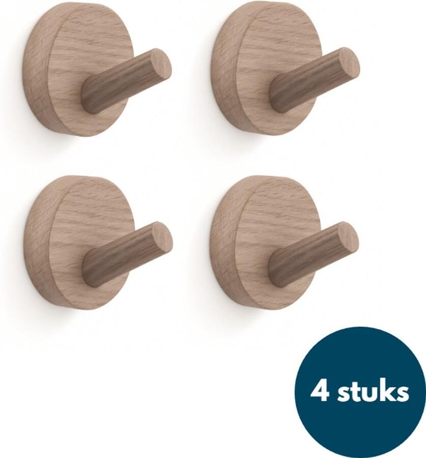 Loods84 Kapstok haken hout Walnoot licht Wandhaken Wandkapstok Zelfklevende haakjes Plakhaakjes Rond 4 stuks