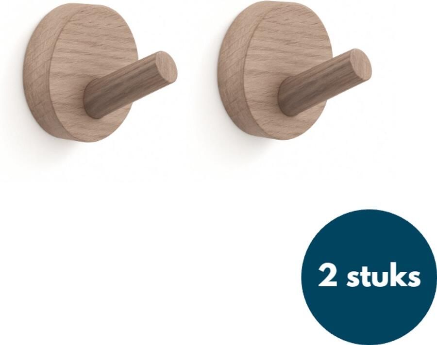 Loods84 Kapstok haken hout Walnoot licht Wandhaken Wandkapstok Zelfklevende haakjes Plakhaakjes Rond 2 stuks