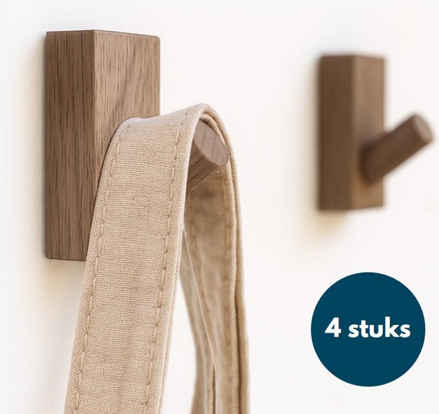 Loods84 Kapstok haken hout Walnoot licht Wandhaken Wandkapstok Zelfklevende haakjes Plakhaakjes 4 stuks