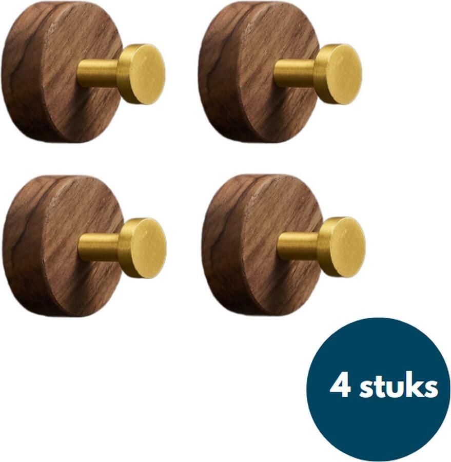 Loods84 Kapstok haken hout Walnoot met goud Wandhaken Wandkapstok Zelfklevende haakjes Plakhaakjes Rond Goud 4 stuks